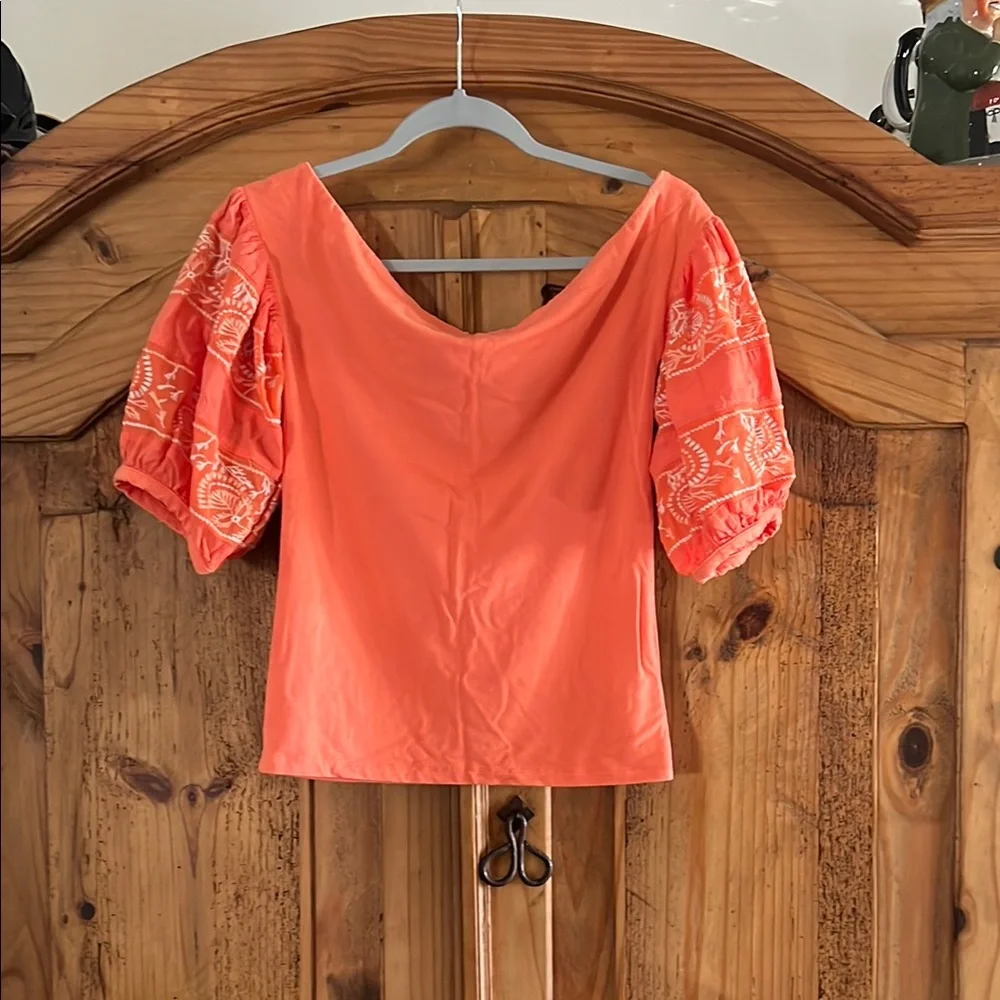 Free People Women's Embroidered Puff Sleeve Top in Orange Size: Small (S)